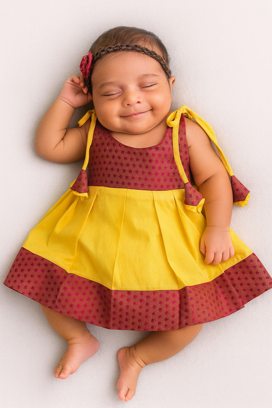 New born Pink and Yellow Raw Silk Frock LF875