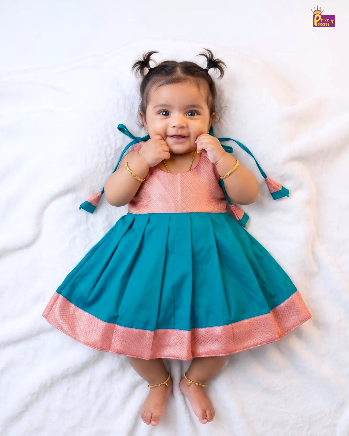 Baby Girl Pink & Teal Pattu Silk Frock | Festive Wear LF2055