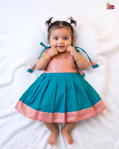 Baby Girl Pink & Teal Pattu Silk Frock | Festive Wear LF2055