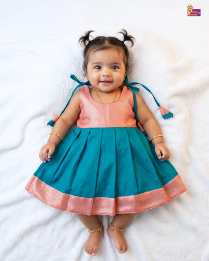 Baby Girl Pink & Teal Pattu Silk Frock | Festive Wear LF2055