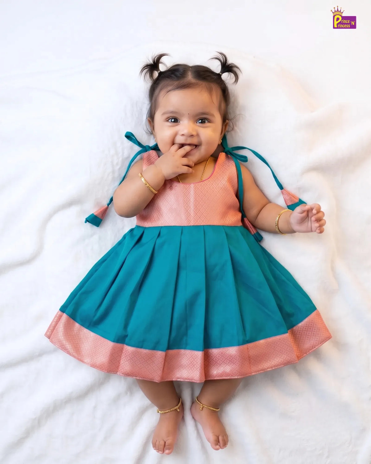 Baby Girl Pink & Teal Pattu Silk Frock | Festive Wear LF2055