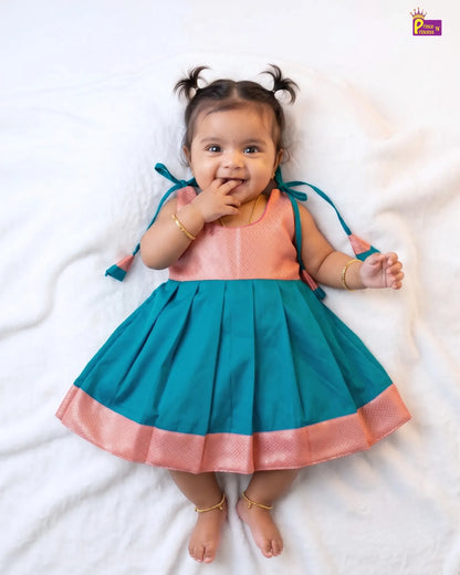 Baby Girl Pink & Teal Pattu Silk Frock | Festive Wear LF2055