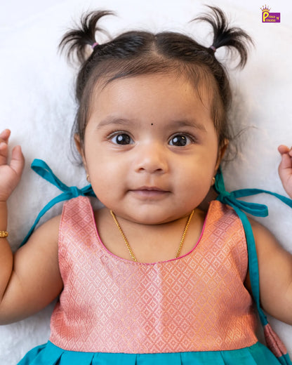 Baby Girl Pink & Teal Pattu Silk Frock | Festive Wear LF2055