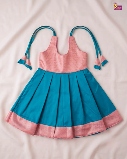 Baby Girl Pink & Teal Pattu Silk Frock | Festive Wear LF2055