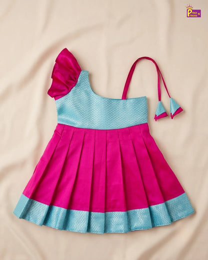 Newborn Baby Girl Pink & Turquoise Butterfly Sleeve Pattu Frock LF2068