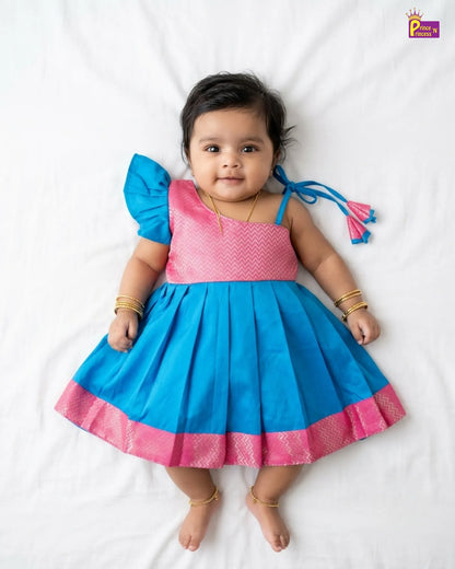 Newborn Baby Girl Blue & Pink Butterfly Sleeve Pattu Frock LF2066