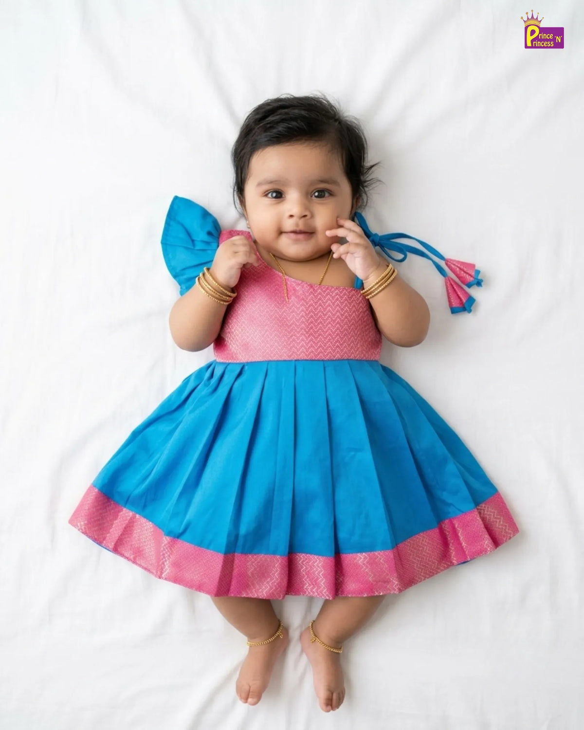 Newborn Baby Girl Blue & Pink Butterfly Sleeve Pattu Frock LF2066