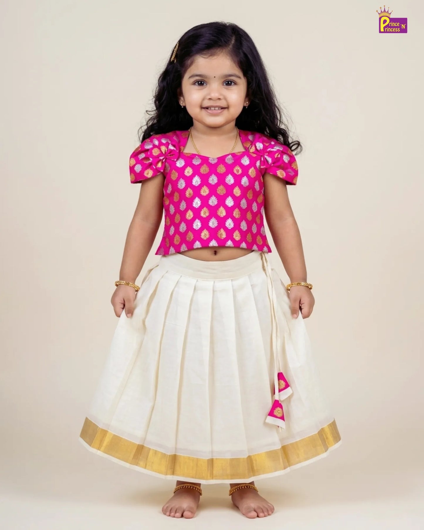 l Pink Banarasi Top & Cream Kerala Skirt Set For Baby Girl - Onam Pavadai Dress (1 - 6Yrs) LC306