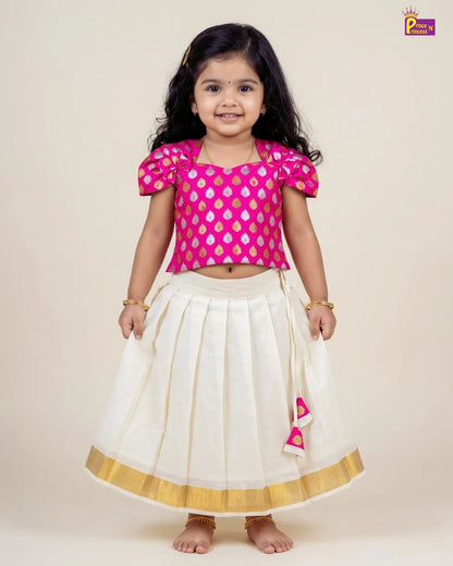 l Pink Banarasi Top & Cream Kerala Skirt Set For Baby Girl - Onam Pavadai Dress (1 - 6Yrs) LC306