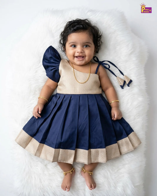 Newborn Baby Girl Navy Blue & Gold Butterfly Sleeve Pattu Frock LF2065