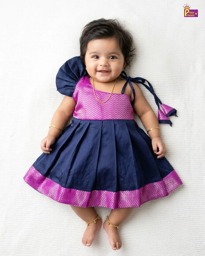Newborn Baby Girl Navy & Magenta Silk Pattu Frock with Butterfly Sleeve  LF2067