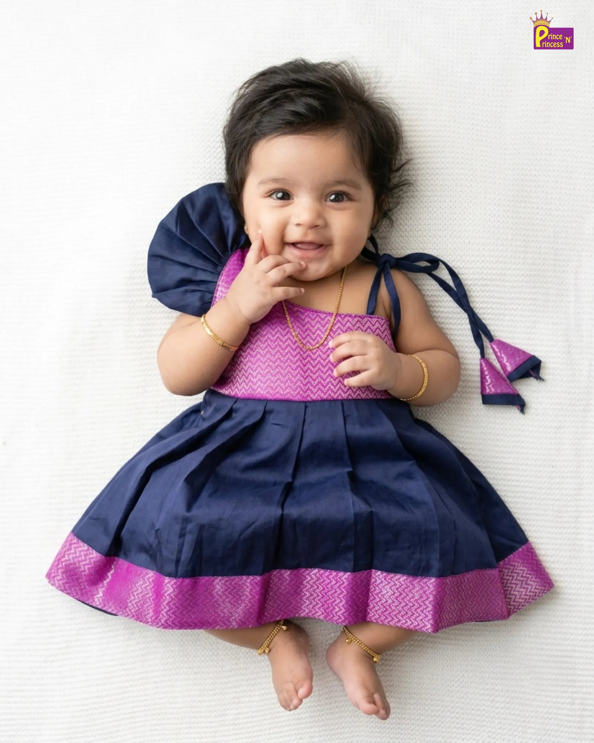 Newborn Baby Girl Navy & Magenta Silk Pattu Frock with Butterfly Sleeve  LF2067