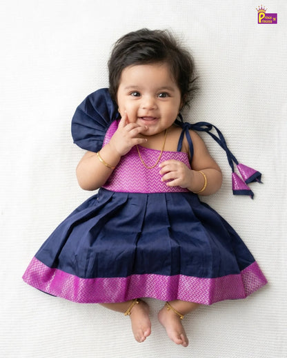 Newborn Baby Girl Navy & Magenta Silk Pattu Frock with Butterfly Sleeve  LF2067