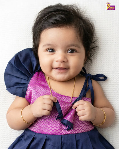 Newborn Baby Girl Navy & Magenta Silk Pattu Frock with Butterfly Sleeve  LF2067
