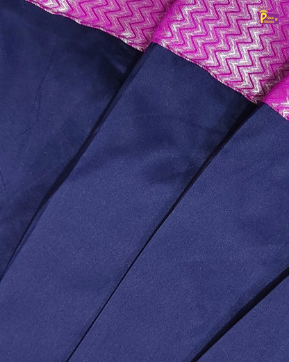 Newborn Baby Girl Navy & Magenta Silk Pattu Frock with Butterfly Sleeve  LF2067