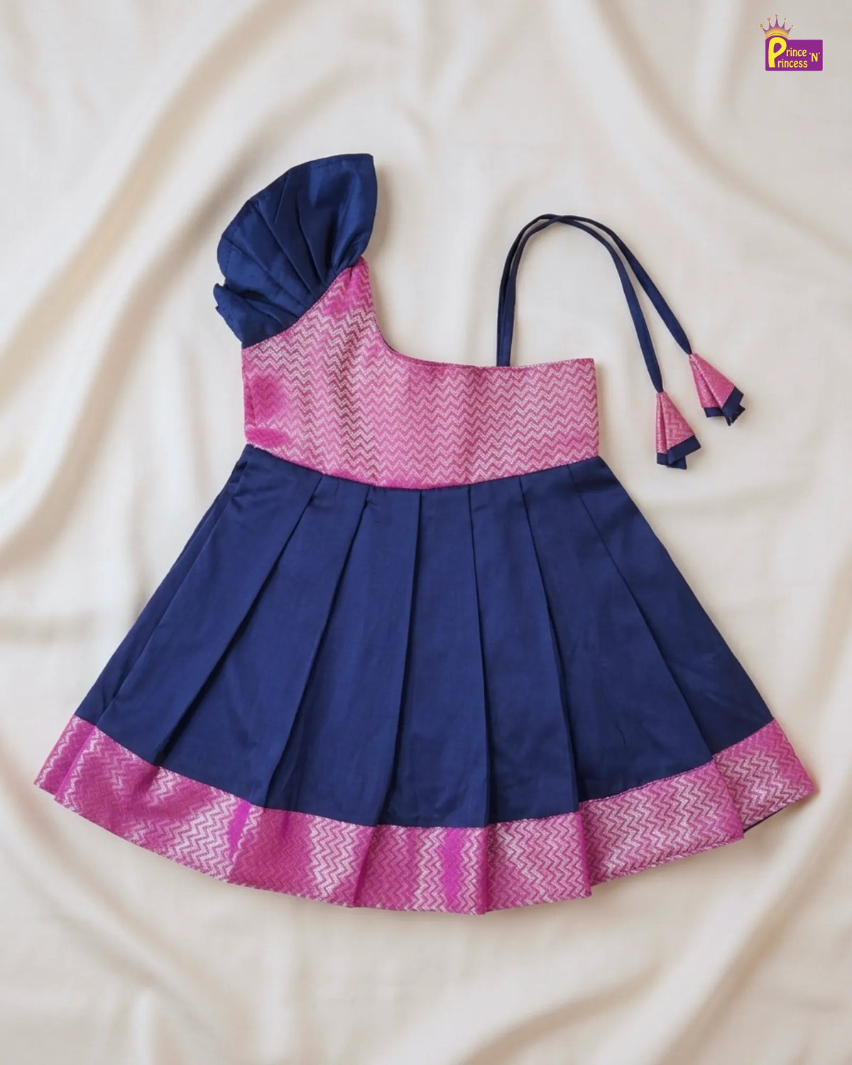Newborn Baby Girl Navy & Magenta Silk Pattu Frock with Butterfly Sleeve  LF2067