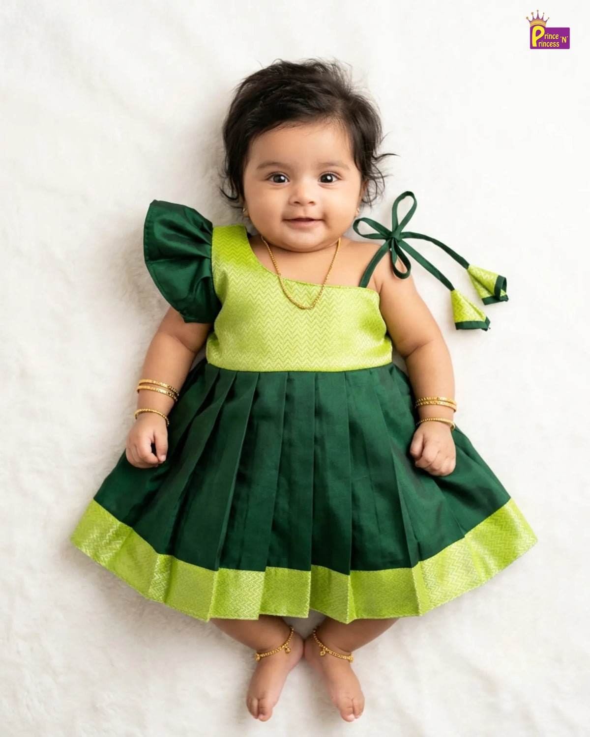 Newborn Baby Girl Green Silk Pattu Frock with Butterfly Sleeve  LF2069