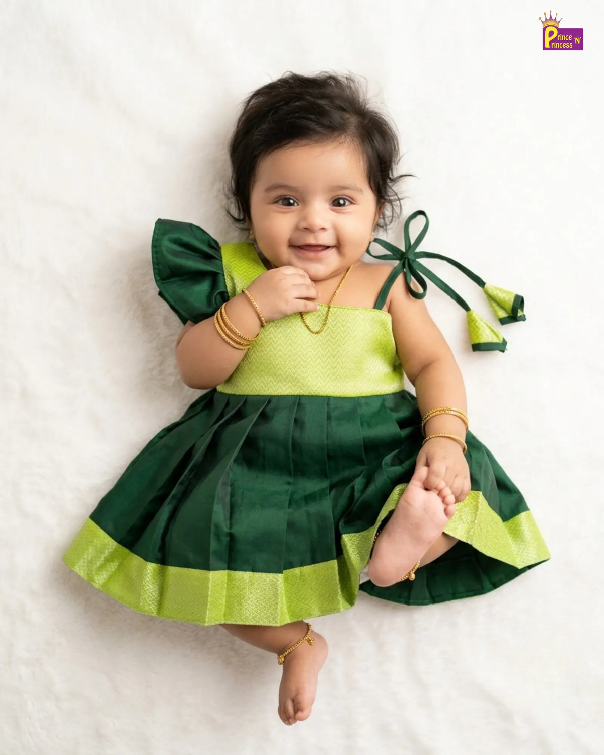 Newborn Baby Girl Green Silk Pattu Frock with Butterfly Sleeve  LF2069