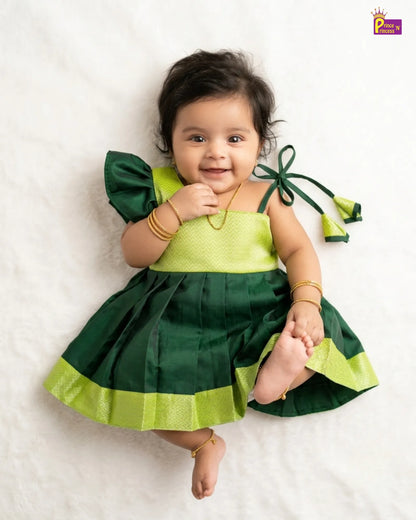 Newborn Baby Girl Green Silk Pattu Frock with Butterfly Sleeve  LF2069