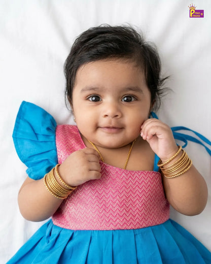 Newborn Baby Girl Blue & Pink Butterfly Sleeve Pattu Frock LF2066