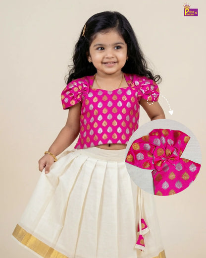 l Pink Banarasi Top & Cream Kerala Skirt Set For Baby Girl - Onam Pavadai Dress (1 - 6Yrs) LC306