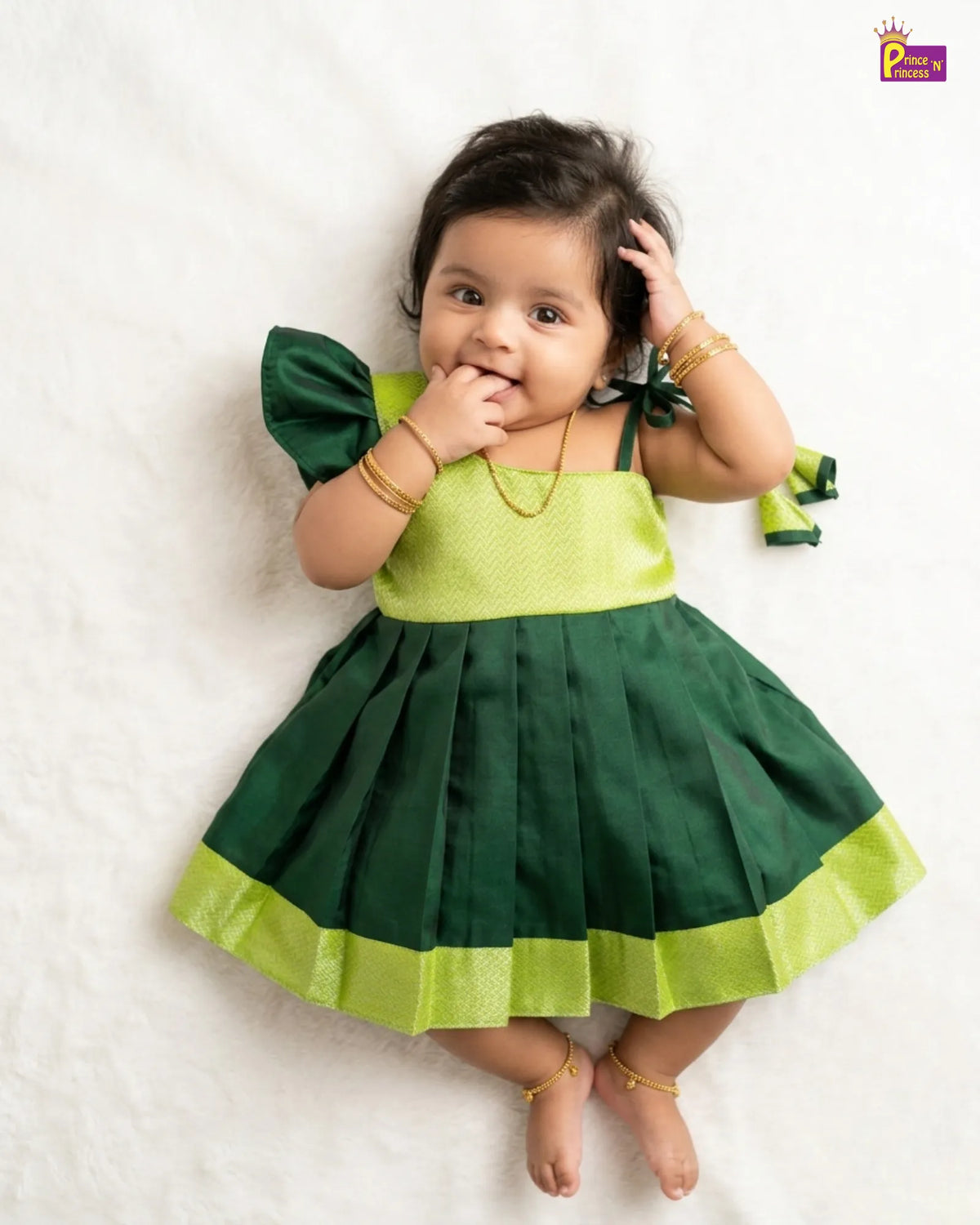 Newborn Baby Girl Green Silk Pattu Frock with Butterfly Sleeve  LF2069