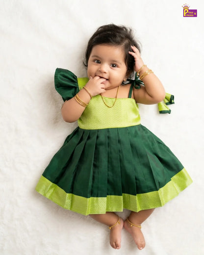 Newborn Baby Girl Green Silk Pattu Frock with Butterfly Sleeve  LF2069