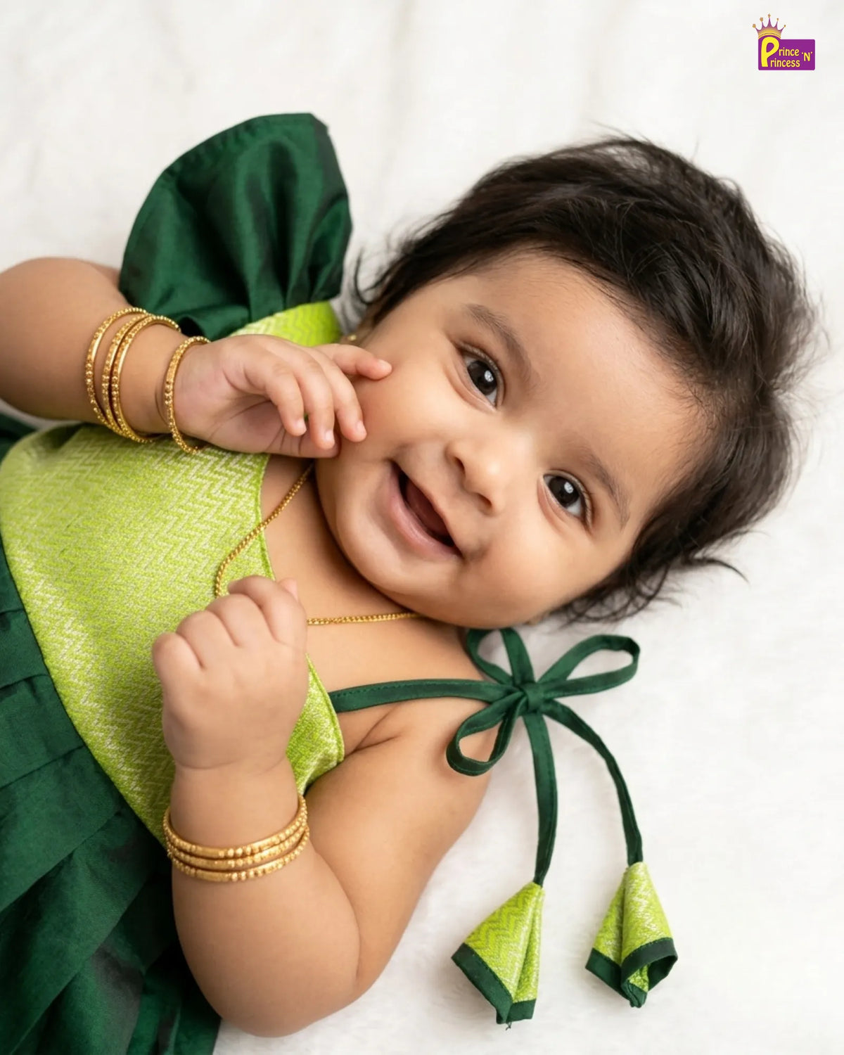 Newborn Baby Girl Green Silk Pattu Frock with Butterfly Sleeve  LF2069