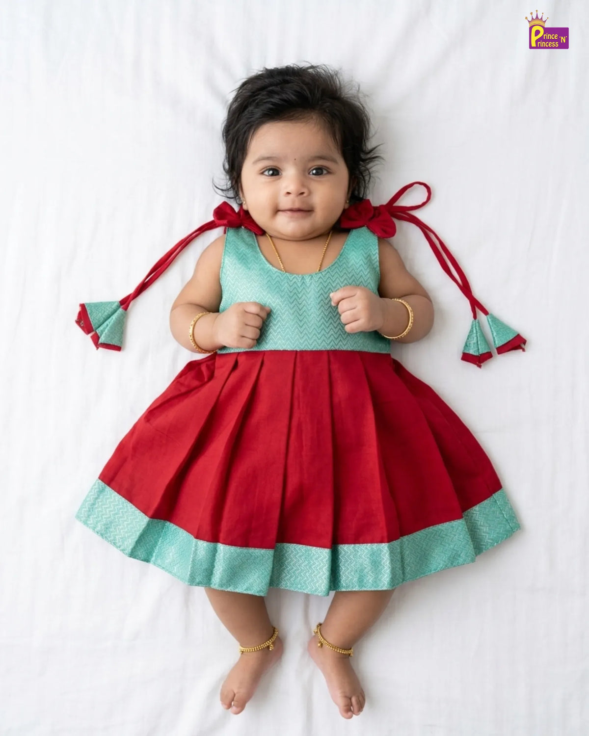 Newborn Baby Girl Red & Mint Silk Pattu Frock LF2070
