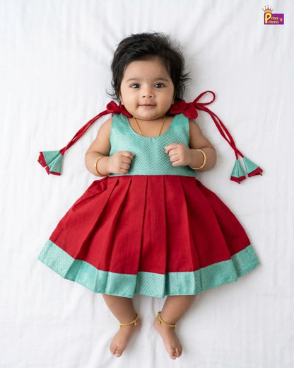 Newborn Baby Girl Red & Mint Silk Pattu Frock LF2070
