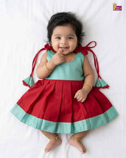 Newborn Baby Girl Red & Mint Silk Pattu Frock LF2070