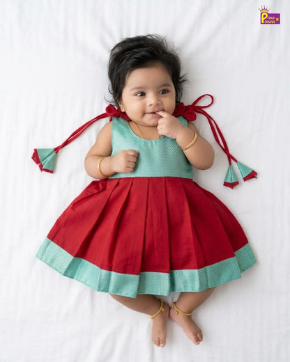 Newborn Baby Girl Red & Mint Silk Pattu Frock LF2070