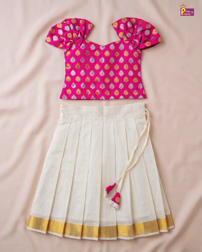 l Pink Banarasi Top & Cream Kerala Skirt Set For Baby Girl - Onam Pavadai Dress (1 - 6Yrs) LC306