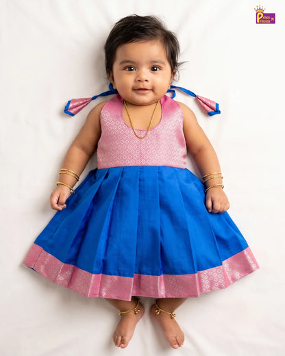 Newborn Baby Girl Blue & Pink Silk Pattu Frock with Tie-Neck  LF2071