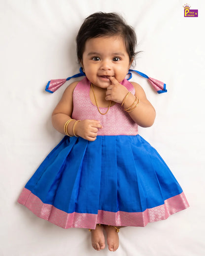 Newborn Baby Girl Blue & Pink Silk Pattu Frock with Tie-Neck  LF2071