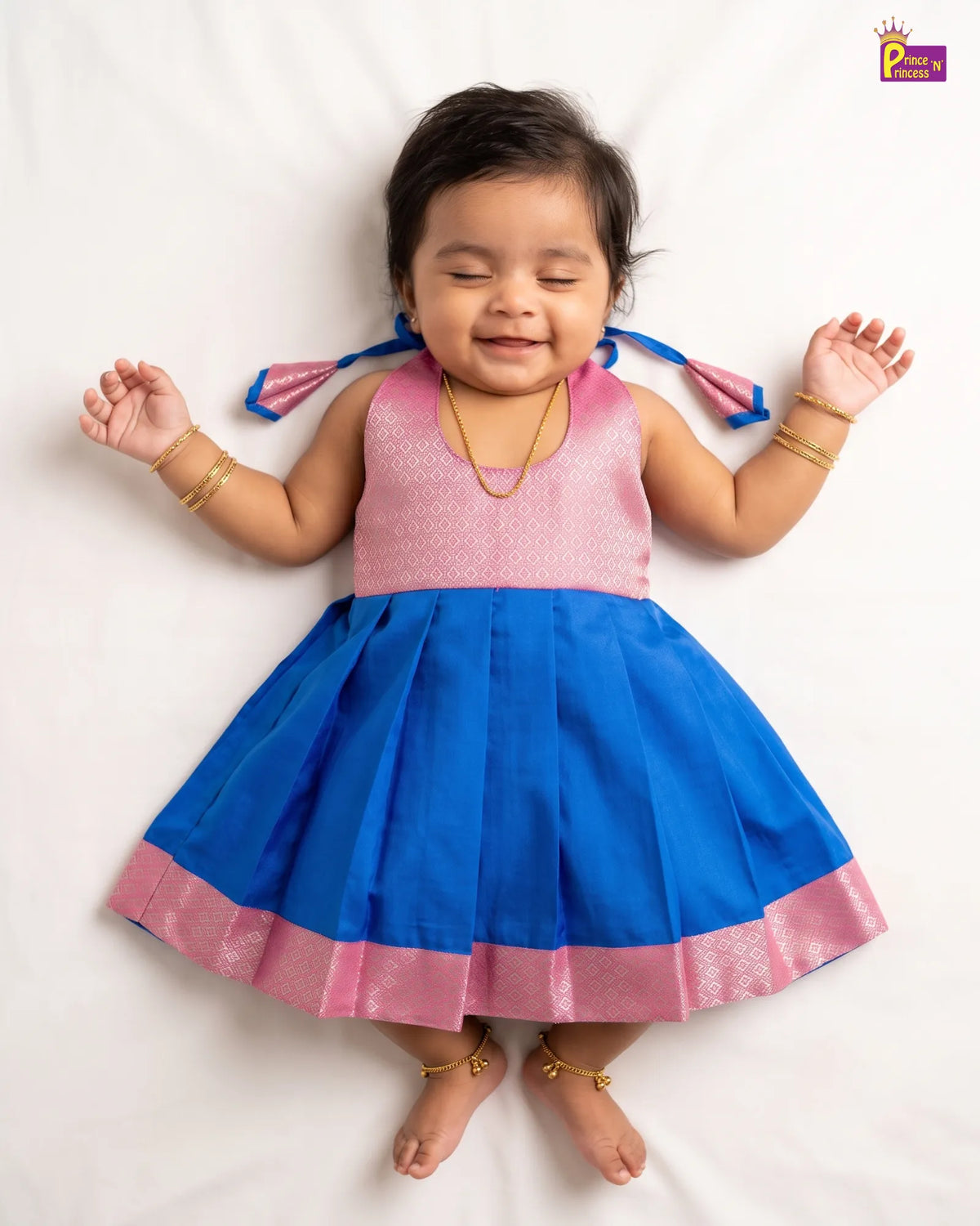 Newborn Baby Girl Blue & Pink Silk Pattu Frock with Tie-Neck  LF2071