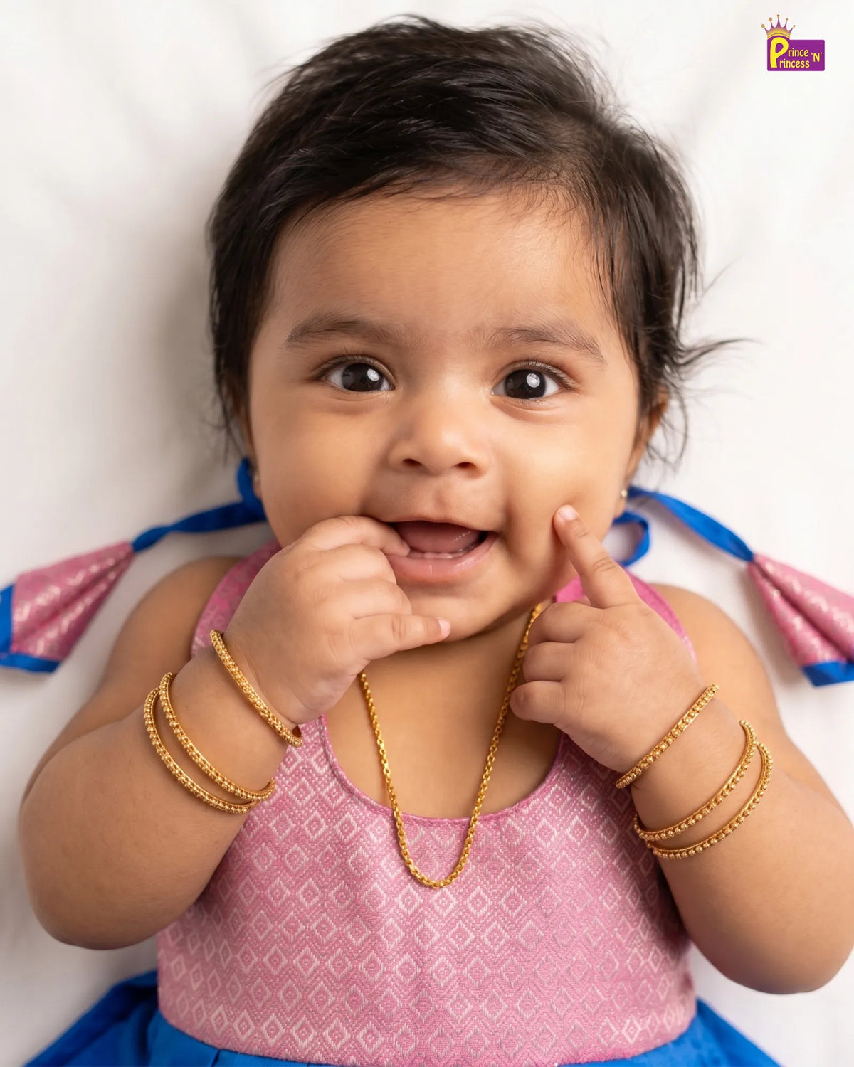 Newborn Baby Girl Blue & Pink Silk Pattu Frock with Tie-Neck  LF2071