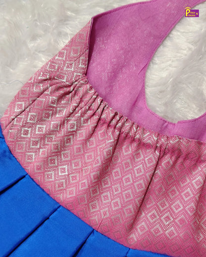 Newborn Baby Girl Blue & Pink Silk Pattu Frock with Tie-Neck  LF2071