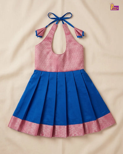 Newborn Baby Girl Blue & Pink Silk Pattu Frock with Tie-Neck  LF2071