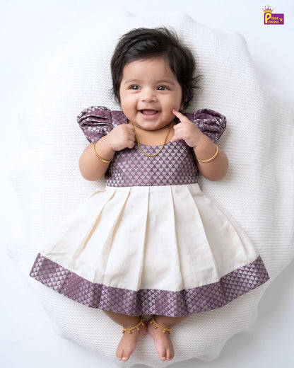 Newborn Grey & Cream Silk Pattu Frock with Puff Sleeves  LF2072