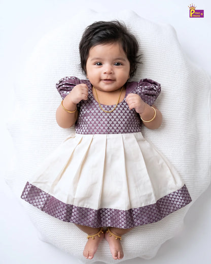 Newborn Grey & Cream Silk Pattu Frock with Puff Sleeves  LF2072
