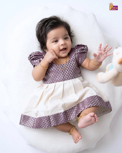 Newborn Grey & Cream Silk Pattu Frock with Puff Sleeves  LF2072