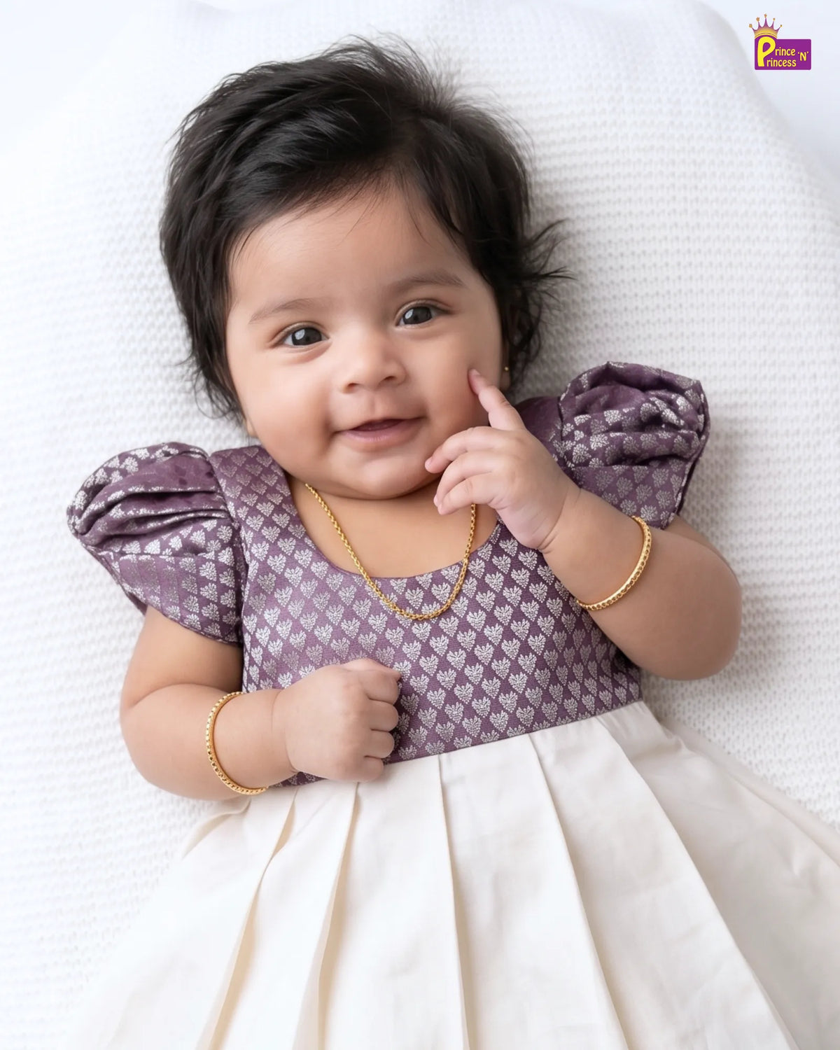 Newborn Grey & Cream Silk Pattu Frock with Puff Sleeves  LF2072
