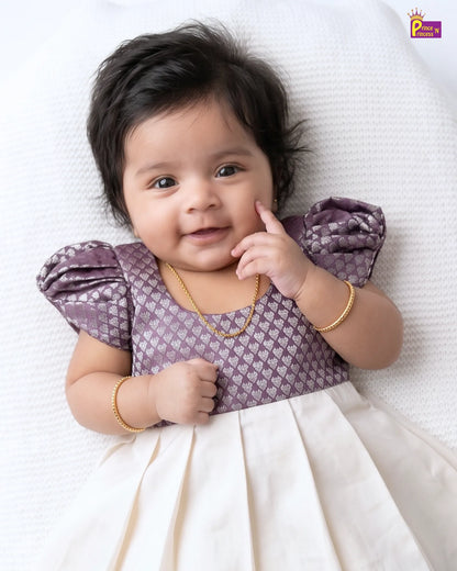 Newborn Grey & Cream Silk Pattu Frock with Puff Sleeves  LF2072