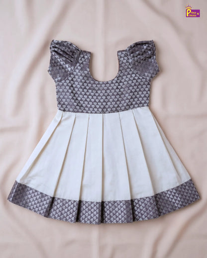 Newborn Grey & Cream Silk Pattu Frock with Puff Sleeves  LF2072