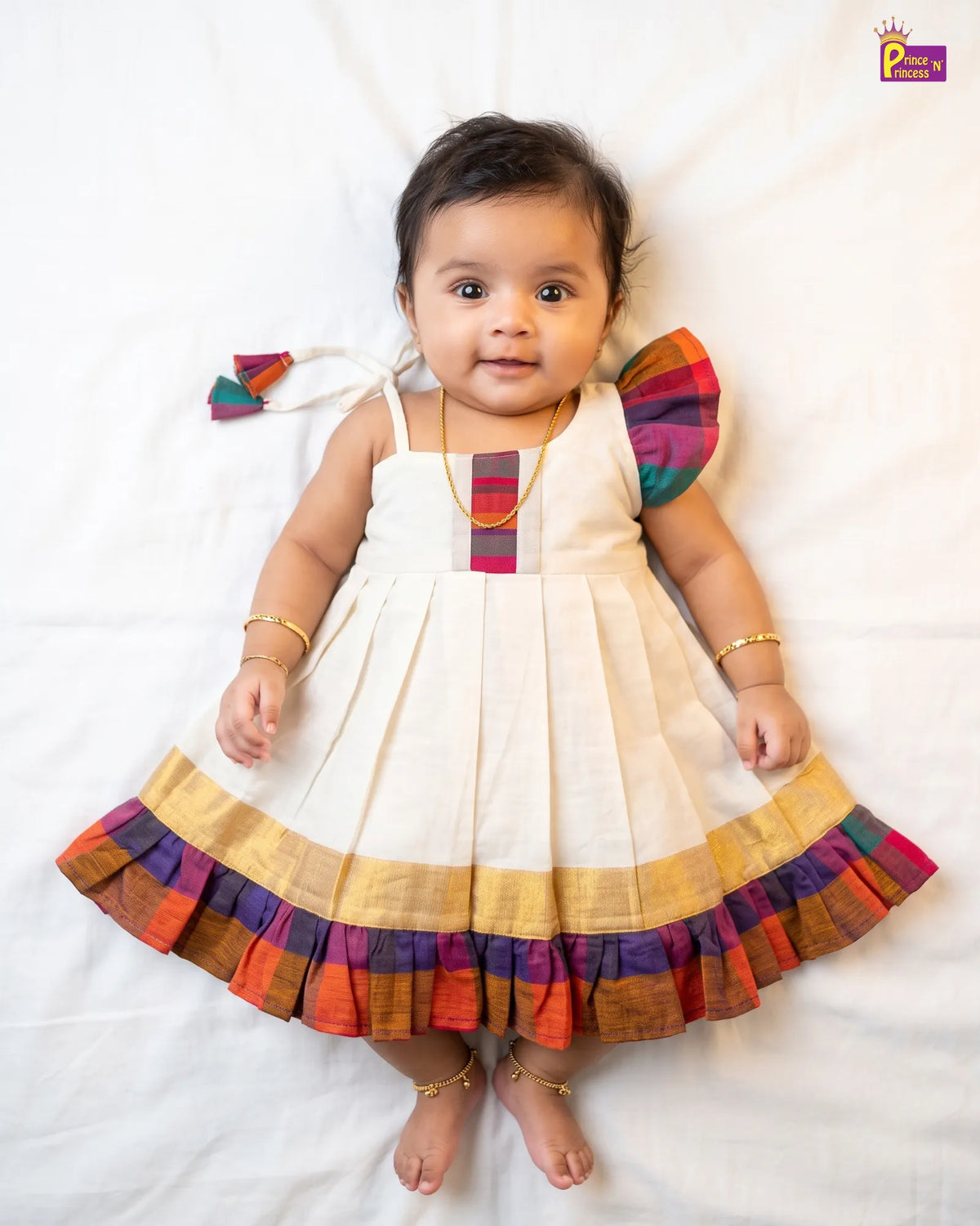 Baby Girl Kasavu Madras Checks Cotton Shoulder Ruffle Frock  LF2073