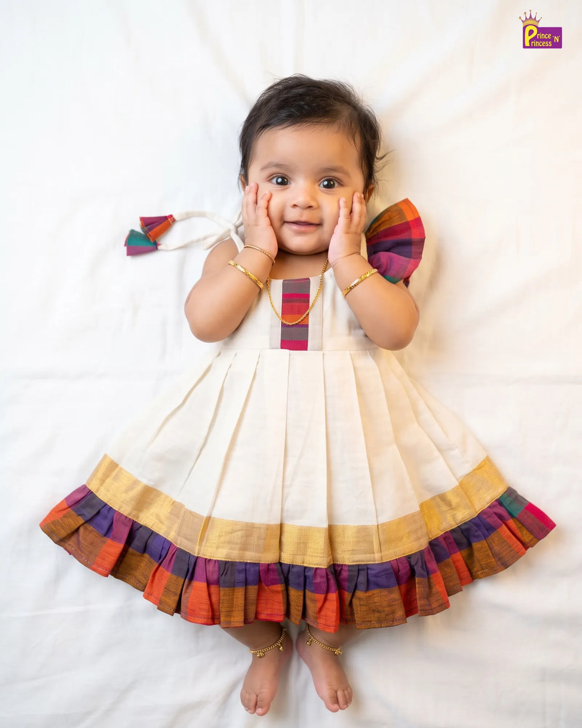 Baby Girl Kasavu Madras Checks Cotton Shoulder Ruffle Frock  LF2073