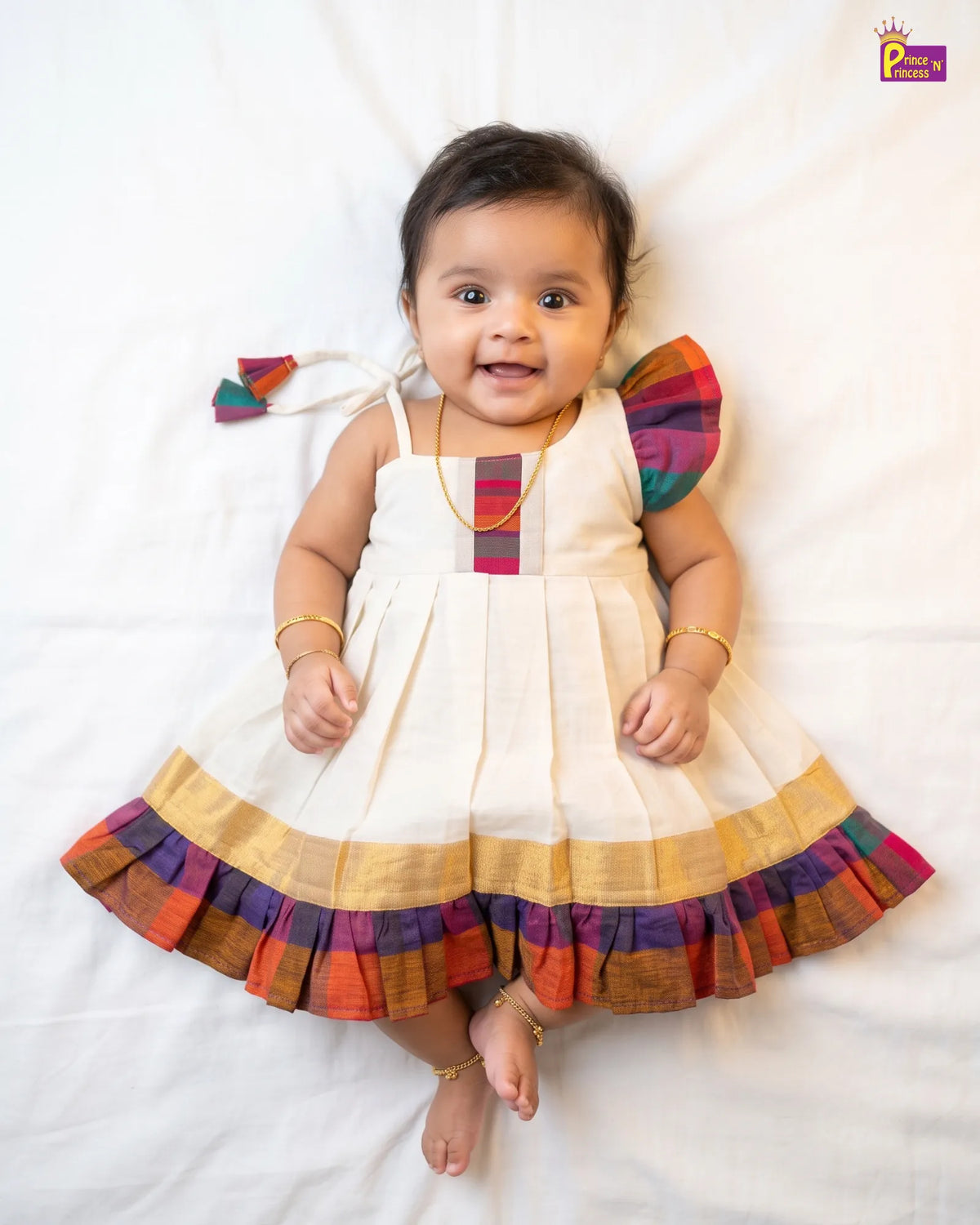 Baby Girl Kasavu Madras Checks Cotton Shoulder Ruffle Frock  LF2073