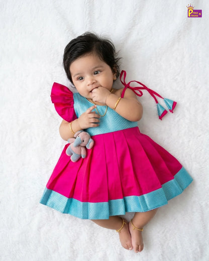 Newborn Baby Girl Pink & Turquoise Butterfly Sleeve Pattu Frock LF2068