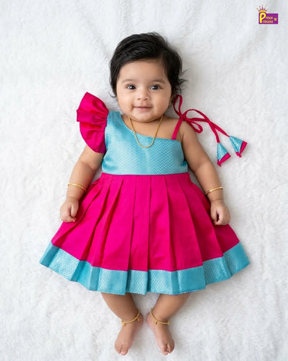 Newborn Baby Girl Pink & Turquoise Butterfly Sleeve Pattu Frock LF2068